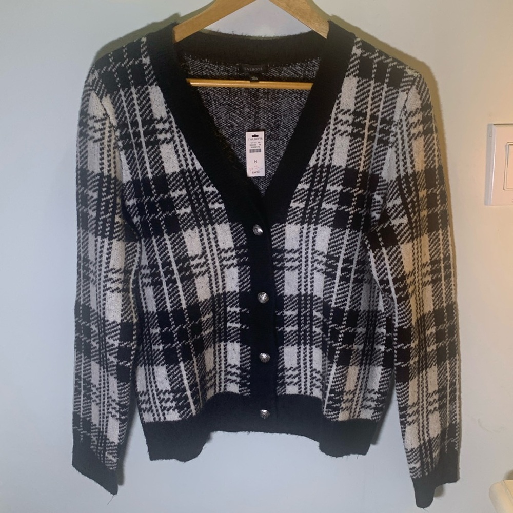 NWT Talbots black&white plaid knit cardigan sweater size M